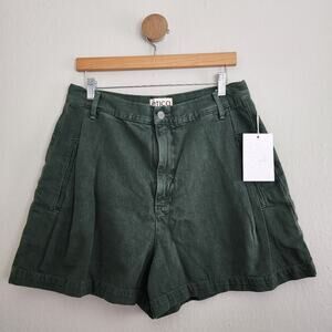 NEW Etica Anthropologie Max Pleated Dark Green High Waist Jean Shorts Seaweed